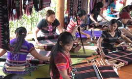 Giới thiệu dệt zèng TT-Huế tại lễ đón nhận bằng di sản. 