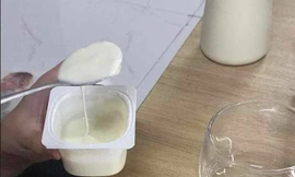 Hộp sữa chua phụ huynh chụp lại được trong cuộc họp với nhà trường ở Đan Phượng hôm 18/9. Ảnh chụp màn hình, NVCC.