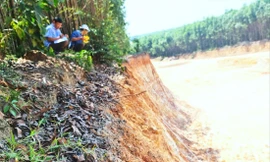 Phóng viên dùng thước dây kéo đo được ở khu vực này đất bị lấy đoạn sâu nhất hơn 8 m