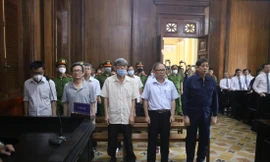 Các bị cáo tại phiên tòa sơ thẩm. Ảnh: Tân Châu