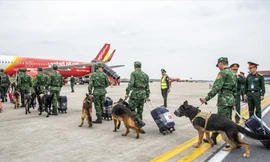 Đoàn quân khuyển của BĐBP rời sân bay Nội Bài, Hà Nội sang Myanmar chiều ngày 30/3 