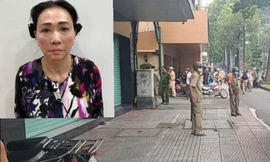 Bị can Trương Mỹ Lan, Chủ tịch HĐQT Công ty Cổ phần Tập đoàn Vạn Thịnh Phát (ảnh nhỏ) và thời điểm cơ quan tố tụng khám xét trụ sở công ty này. Ảnh: Tân Châu