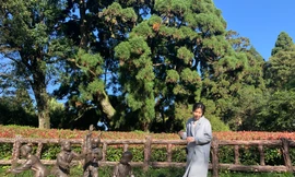 Khu nghỉ dưỡng Cổ Lĩnh - nơi phát tích nhiều mối lương duyên Trung-Mỹ. Trong ảnh: Hàn Doanh, cô gái đất Cổ Lĩnh, hồn nhiên bên tượng trẻ thơ, phía sau là cây "vua" liễu sam 1.300 tuổi. Ảnh: Linh Nhi