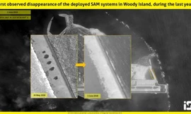 Ảnh chụp vệ tinh ngày 3/6 cho thấy các bệ phóng tên lửa đã không còn xuất hiện ở bãi biển phía bắc Phú Lâm . Ảnh: ImageSat International.