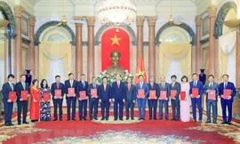 Chủ tịch nước Trần Đại Quang trao Quyết định bổ nhiệm cho 16 Đại sứ Việt nam được chỉ định tại nước ngoài, nhiệm kỳ 2018-2021. (Ảnh: Nhan Sáng/TTXVN)