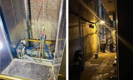 Hiện trường vụ rơi thang máy. Ảnh DH