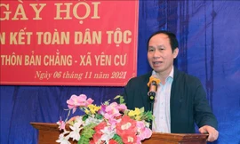 Ông Lê Tiến Châu - Ủy viên Ban Chấp hành Trung ương Đảng, Phó Chủ tịch, Tổng thư ký Ủy ban Trung ương Mặt trận Tổ quốc Việt Nam, phát biểu tại ngày hội. 