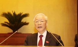 Tổng Bí thư Nguyễn Phú Trọng và Chủ tịch nước, Thủ tướng, Chủ tịch Quốc hội trong phiên khai mạc Quốc hội. Ảnh: TTXVN