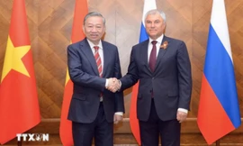 Tổng Bí thư Tô Lâm hội kiến với Chủ tịch Duma Nga Vyacheslav Volodin. Ảnh: TTXVN 