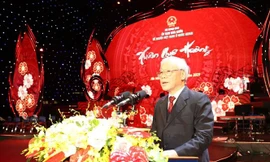 Tổng Bí thư, Chủ tịch nước Nguyễn Phú Trọng phát biểu chúc mừng bà con kiều bào. Ảnh: Trí Dũng /TTXVN