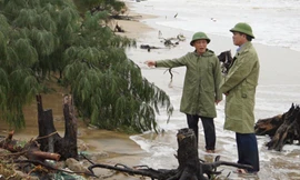 Sóng đã đánh đến sát chân tường rào của nhiều hộ dân tổ dân phố Tân Mỹ 