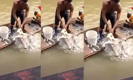 Người đàn ông bắt cá bằng... thủ lợn