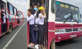 Hoảng hồn hàng chục học sinh đu bám cửa xe buýt vun vút trên đường