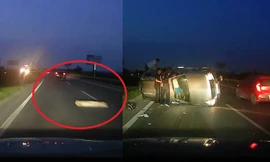 Tránh bó củi, xe 7 chỗ lật ngang trên cao tốc Bắc Giang