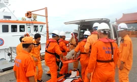 Lực lượng cứu nạn đưa một bệnh nhân bị thương trên biển vào cầu cảng Trung tâm phối hợp tìm kiếm cứu nạn hàng hải khu vực II.
