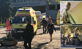 Hiện trường và nghi phạm vụ xả súng ở Crimea. Ảnh: RT