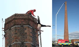 Nghẹt thở 15 giờ giải cứu người đàn ông treo ngược trên đỉnh ống khói cao 88m