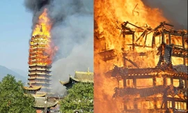 Tháp chùa gỗ 16 tầng bốc cháy phừng phừng ở Trung Quốc