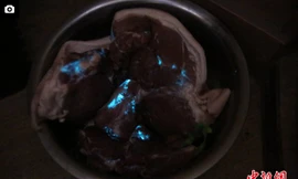 Hình ảnh chậu thịt lợn phát ra ánh sáng xanh rùng mình.