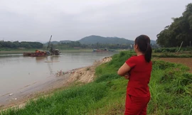 Hình ảnh khai thác cát trên sông Lô đoạn qua địa bàn Khu 10 xã Trị Quận. Ảnh chụp tháng 3/2021
