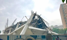 Hiện trường công trình trường mầm non Vường Xanh bị đổ sập (ảnh H.H)