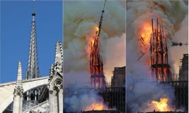 Khoảnh khắc tháp chuông Nhà thờ Đức Bà Paris sụp đổ do hỏa hoạn