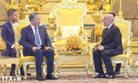 Chủ tịch nước Tô Lâm hội kiến Quốc vương Campuchia Norodom Sihamoni. (Ảnh: TTXVN)