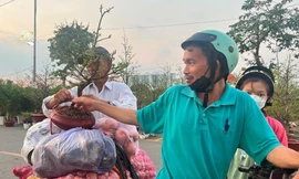 Người chở hàng ở chợ đầu mối Bình Điền vui mừng mua được chậu mai giá rẻ về đón Tết. Ảnh: U.P