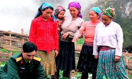 Cán bộ đội công tác số 3 (Ban Chỉ huy quân sự Mèo Vạc, Hà Giang) hướng dẫn kỹ thuật trồng rau cho nhân dân địa phương