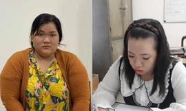 Lê Thị Thu Thảo (trái) và Trần Phạm Ngọc Châu tại cơ quan công an