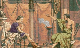 Hình minh họa được tô màu (theo bản khắc từ 'Vies des Savants Illustres' của Louis Figuier, khoảng năm 1867) mô tả Alexander Đại đế (356-323 TCN) ngôi bên trái mặc áo dài màu tím khi được Aristotle (384-322 TCN) dạy.