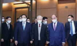 Tổng Bí thư Nguyễn Phú Trọng và lãnh đạo Đảng, Nhà nước tham dự hội nghị. Ảnh Như Ý