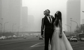 Đeo mặt nạ chống độc để... chụp ảnh cưới