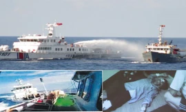 Tàu hải cảnh Trung Quốc dùng vòi rồng phun nước uy hiếp tàu Cảnh sát Biển Việt Nam (ảnh trên); Tàu hải cảnh Trung Quốc đâm vào vách tàu Việt Nam (ảnh trái); Kiểm ngư viên của Việt Nam bị thương do mảnh vỡ trên tàu văng ra (ảnh phải). Ảnh do Cảnh sát Biển 