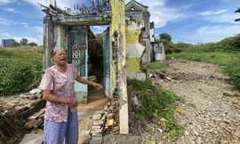 Bà Nguyễn Thị Giáp (80 tuổi) bên căn nhà bị đập loang lổ và lau sậy cao lút đầu người ở Thủ Thiêm 