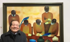 Nhà thơ Hữu Thỉnh bên cạnh tác phẩm hội họa của Nhà thơ Nguyễn Quang Thiều