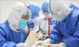 Các nhân viên y tế ở Vũ Hán xử lý thi thể một bệnh nhân COVID-19 ngày 1/2. Ảnh: AP