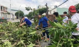“Tổ phản ứng nhanh” hỗ trợ người dân khắc phục hậu quả sau bão số 9. Ảnh: Giang Thanh