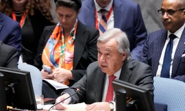 Tổng Thư ký Liên Hợp Quốc Antonio Guterres phát biểu trong phiên họp ngày 24/10. (Ảnh: AP)