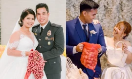 Ảnh trái cho thấy cô dâu cầm túm hành thay hoa cưới, ảnh phải là khoảnh khắc một cặp đôi đang chia hành cho khách mời. (Ảnh: Facebook)