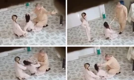 Sư cô tát liên tiếp vào mặt bé gái. Ảnh cắt từ Clip.