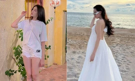 Đỗ Thị Hà mặc mốt giấu quần khoe chân dài 1m1 sexy, Tường San khoe lưng trần quyến rũ trên biển