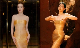 Cùng mặc váy màu vàng gold bó sát, Đỗ Mỹ Linh-Lương Thùy Linh khoe body 'đồng hồ cát' sexy