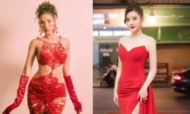 Hoàng Thuỳ mặc đầm xuyên thấu 'bỏng mắt', Huyền My diện váy dạ hội đỏ rực khoe vai trần