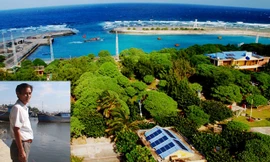 Ông Bùi Thanh Ninh (thôn Thiện Chánh 1, xã Tam Quan Bắc, huyện Hoài Nhơn, Bình Định) ra bến đón một tàu vừa trở về (ảnh nhỏ), ảnh: Hoài Văn. Đảo Song Tử Tây - Trường Sa, nơi ông Ninh đang có ý định xin đất dựng nhà làm cơ sở dịch vụ (ảnh lớn). Ảnh: Minh H