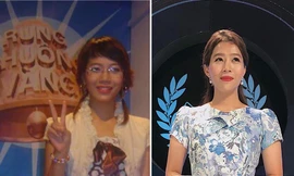 Hình ảnh BTV Diệp Chi trong chương trình "Rung chuông vàng" năm 2006 và "Đường lên đỉnh Olympia" năm 2019.