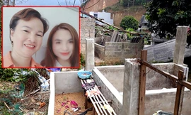 Bà Hiền cùng con gái tại hiện trường nơi phát hiện thi thể nạn nhân