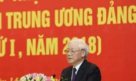 Tổng Bí thư Nguyễn Phú Trọng phát biểu tại lễ khai giản lớp học. Ảnh: TTXVN 