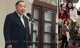 Phó Thủ tướng Thái Lan Prawit Wongsuwon (trái) và hai bức ảnh được cho là chụp bà Yingluck ở London, Anh. Ảnh: Bangkok Post