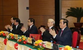 Tổng Bí thư Nguyễn Phú Trọng dự Hội nghị trực tuyến toàn quốc tổng kết công tác tổ chức xây dựng Đảng năm 2017, triển khai nhiệm vụ năm 2018. (Ảnh: Trí Dũng/TTXVN) 